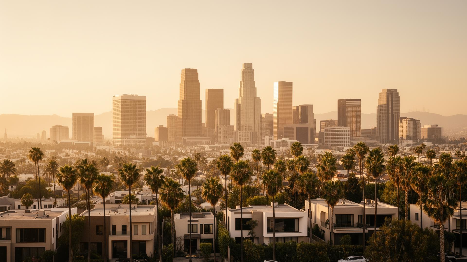 Los Angeles skyline at golden hour with residential and commercial architecture