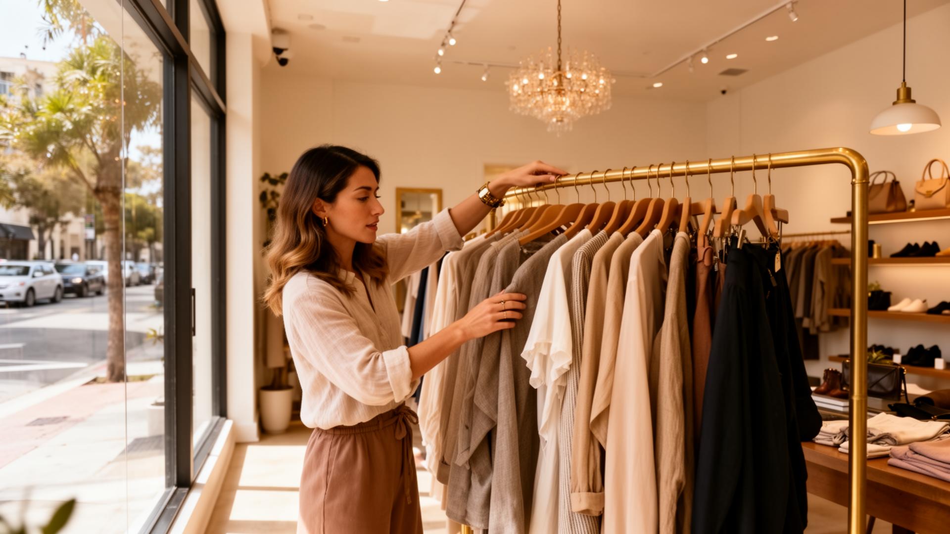 Boutique owner arranging a clothing display in a Los Angeles storefront