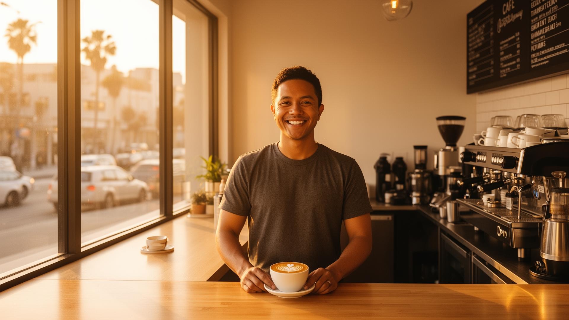 Coffee shop owner serving latte art in a stylish Los Angeles cafe